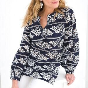 Chico’s Floral Embroidered Eyelet Tunic Top Womens Sz L Pullover Balloon Sleeves